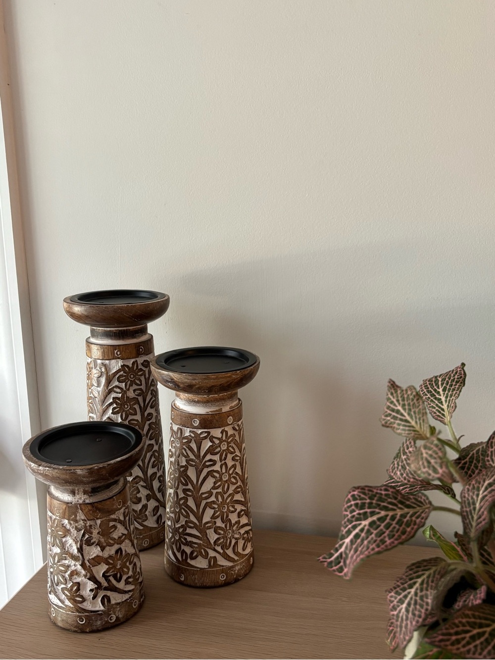 Hand-Carved Floral Wood Candle Holders - Brown Set of 3